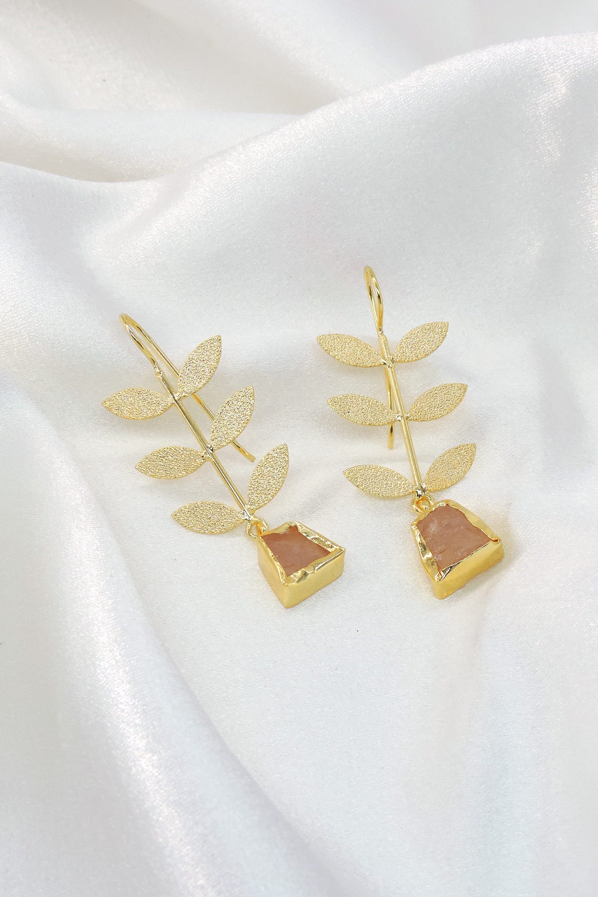 Gold leaf drop earrings with Rose Quartz