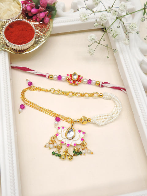 Lotus Kundan Meenakari Pearl Bhaiya Bhabhi Rakhi Set