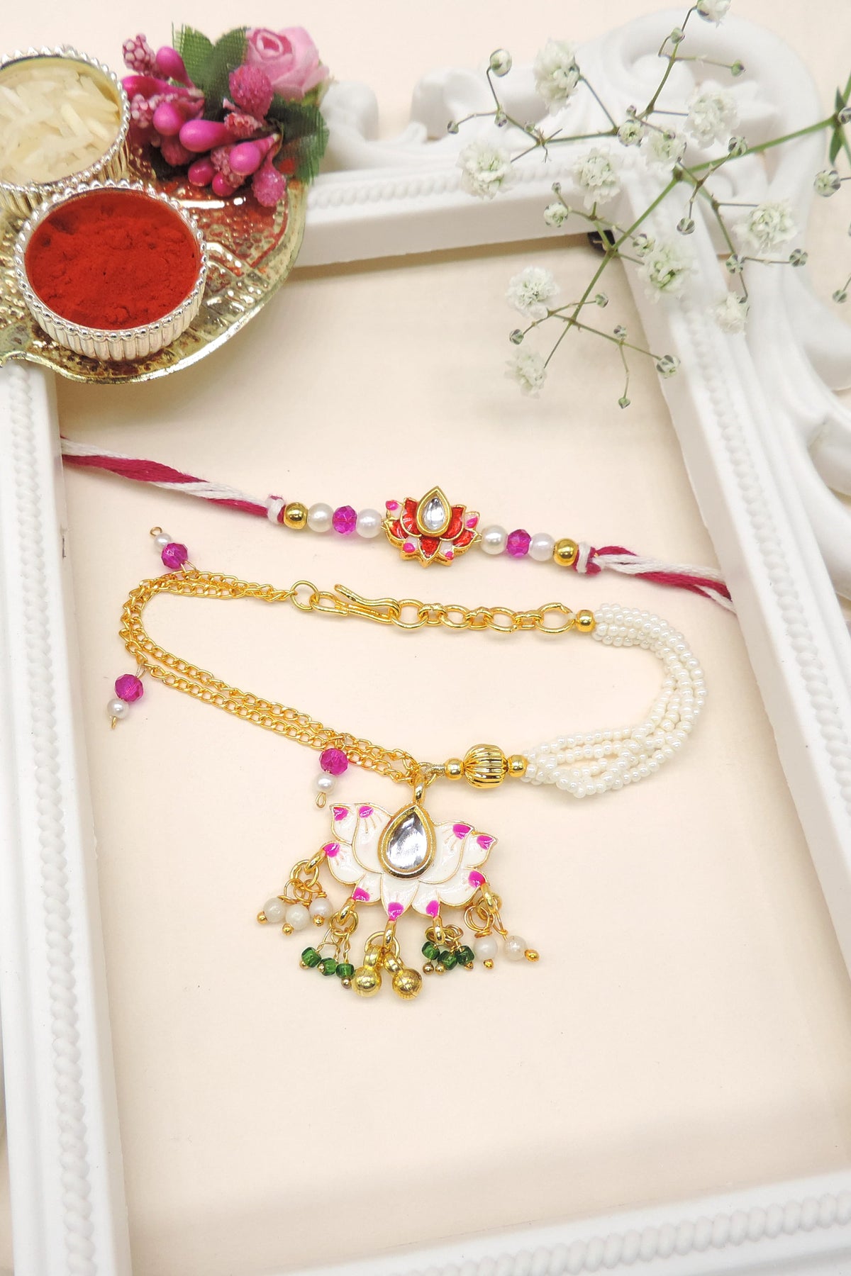 Lotus Kundan Meenakari Pearl Bhaiya Bhabhi Rakhi Set