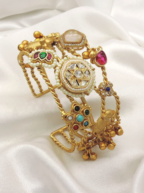 Traditional Multicolor Kundan Cuff Bracelet by Joyrias