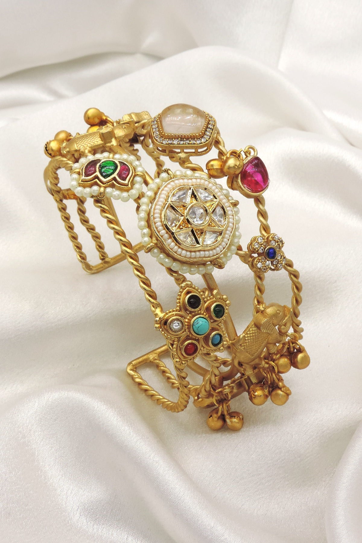Traditional Multicolor Kundan Cuff Bracelet by Joyrias