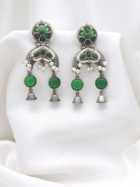 Oxidized Silver Pink Stone Double Jhumka Earrings