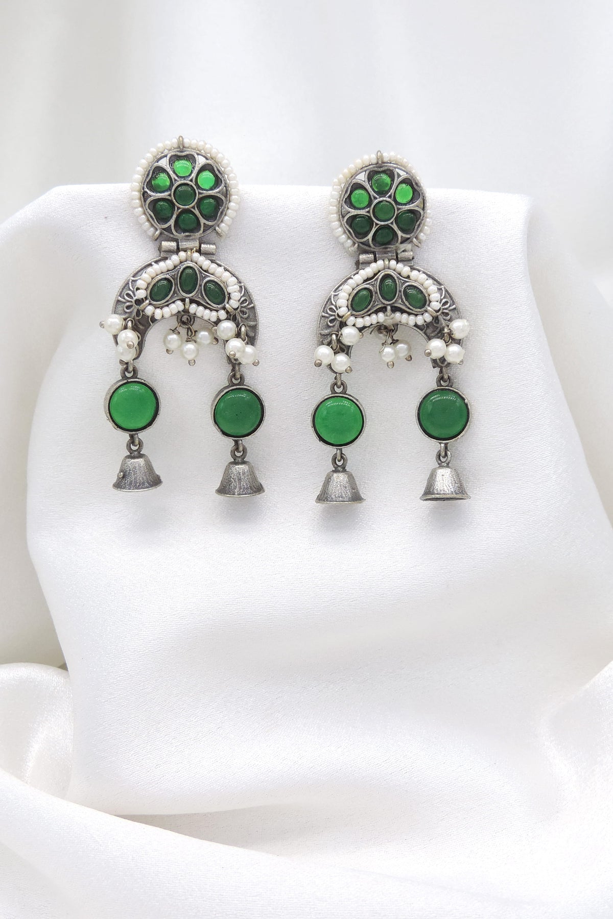 Oxidized Silver Pink Stone Double Jhumka Earrings