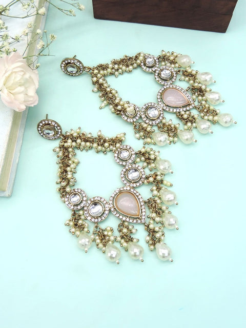 Antique gold plated Kundan and pearl chandelier earrings with pastel pink stone – Indian jewelry USA – Joyrias