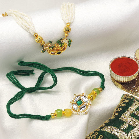 Multicolor bead kundan bhaiya bhabhi rakhi set by Joyrias
