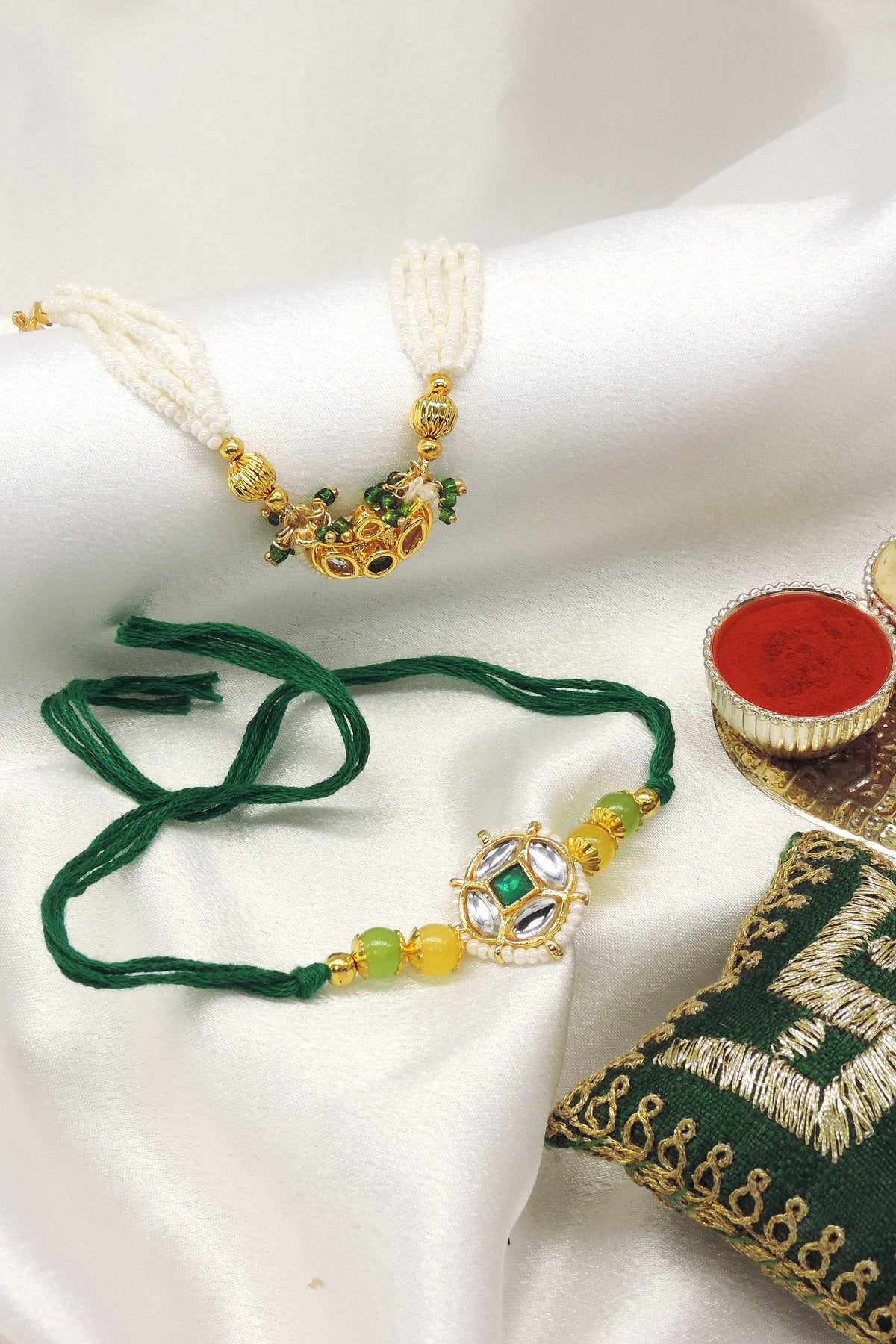 Multicolor bead kundan bhaiya bhabhi rakhi set by Joyrias