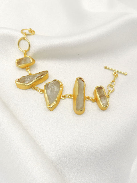 Raw Quartz Statement Bracelet | Natural Stone Gold Link Bracelet