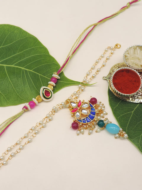 Multicolor Kundan Crescent Pearl Bhaiya Bhabhi Rakhi Set