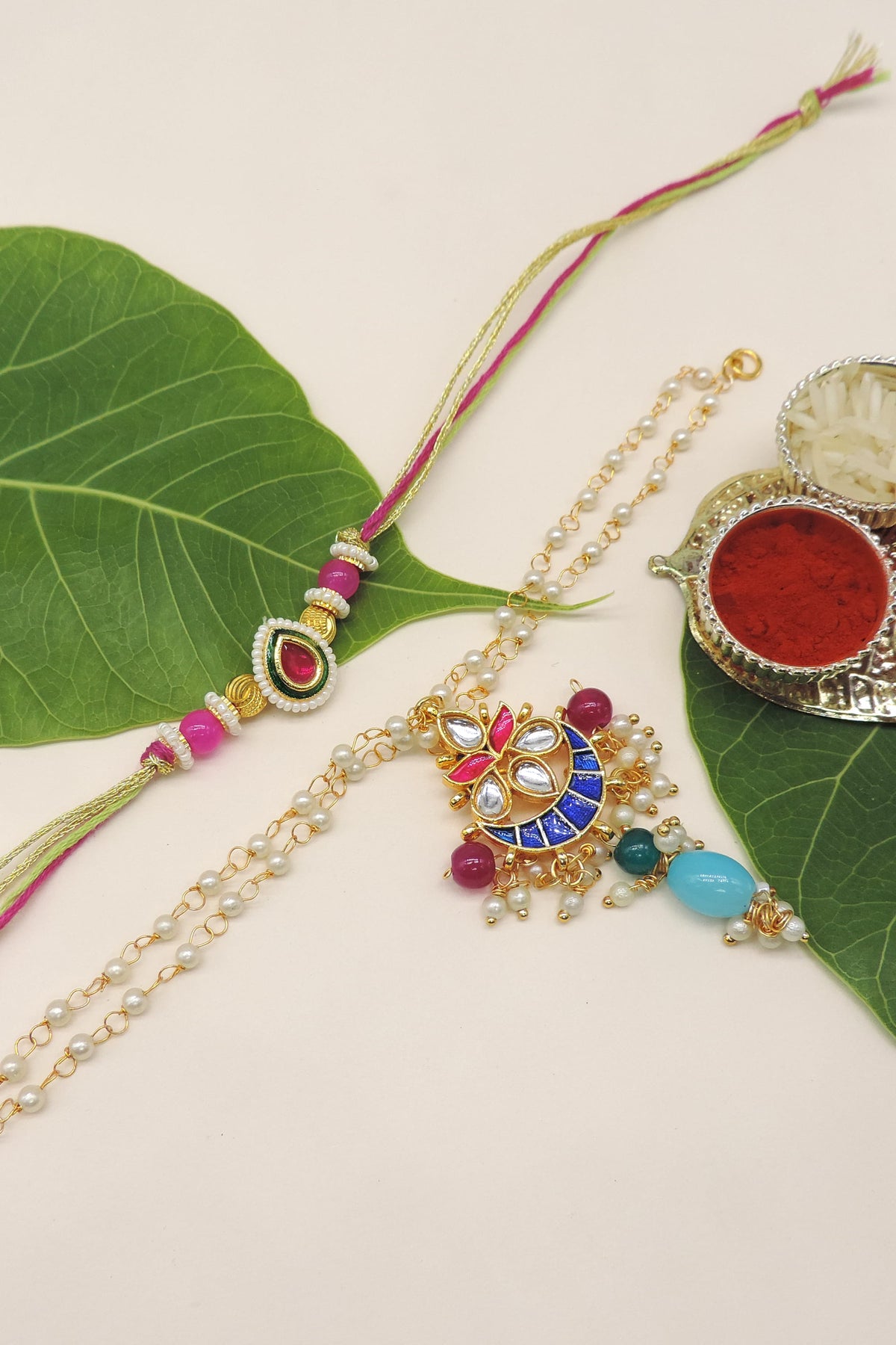 Multicolor Kundan Crescent Pearl Bhaiya Bhabhi Rakhi Set