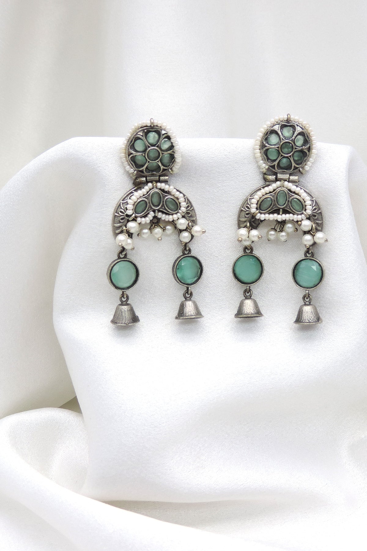 Oxidized Silver Pink Stone Double Jhumka Earrings