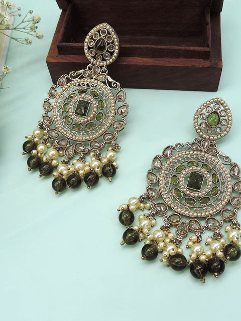 Antique gold plated green Kundan chandbali earrings with pearls – Indian festive earrings USA – Joyrias