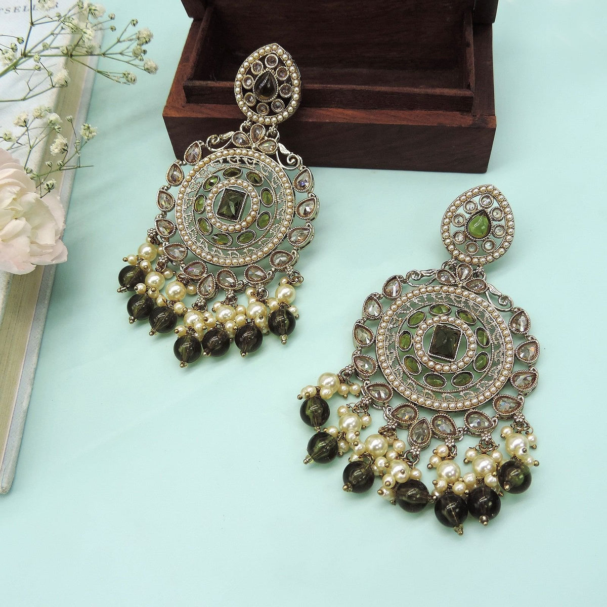 Antique gold plated green Kundan chandbali earrings with pearls – Indian festive earrings USA – Joyrias