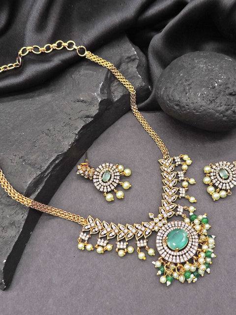 Gold plated necklace set with sage green stone – Indian ethnic necklace USA – Joyrias