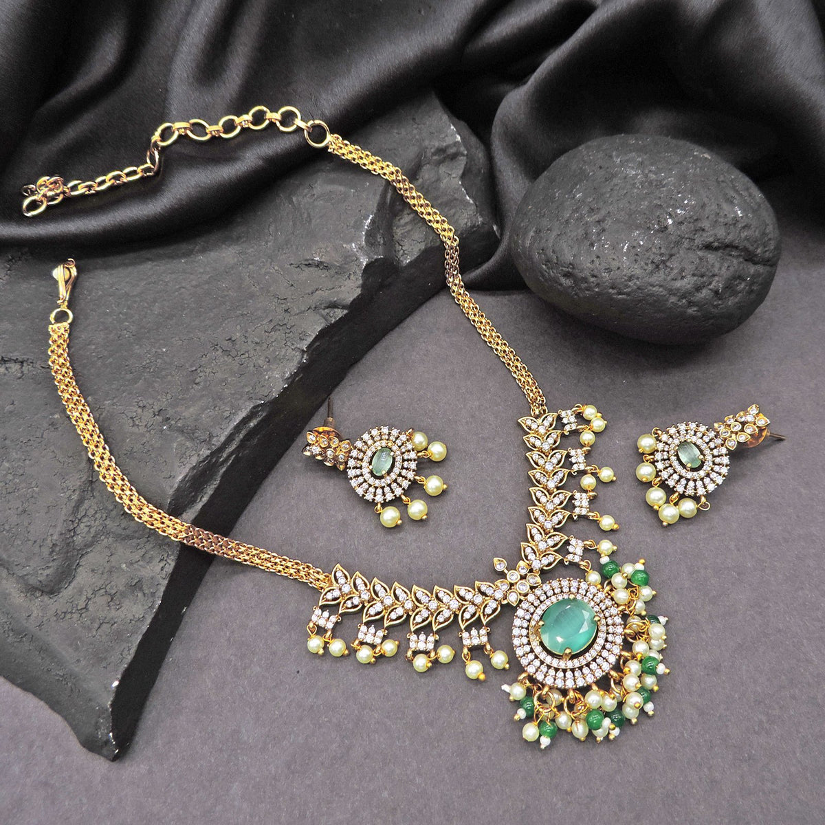 Gold Plated Necklace set with Sage Green Image 0