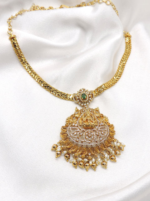 Traditional Gold Plated Ruby CZ AD Temple Necklace Set