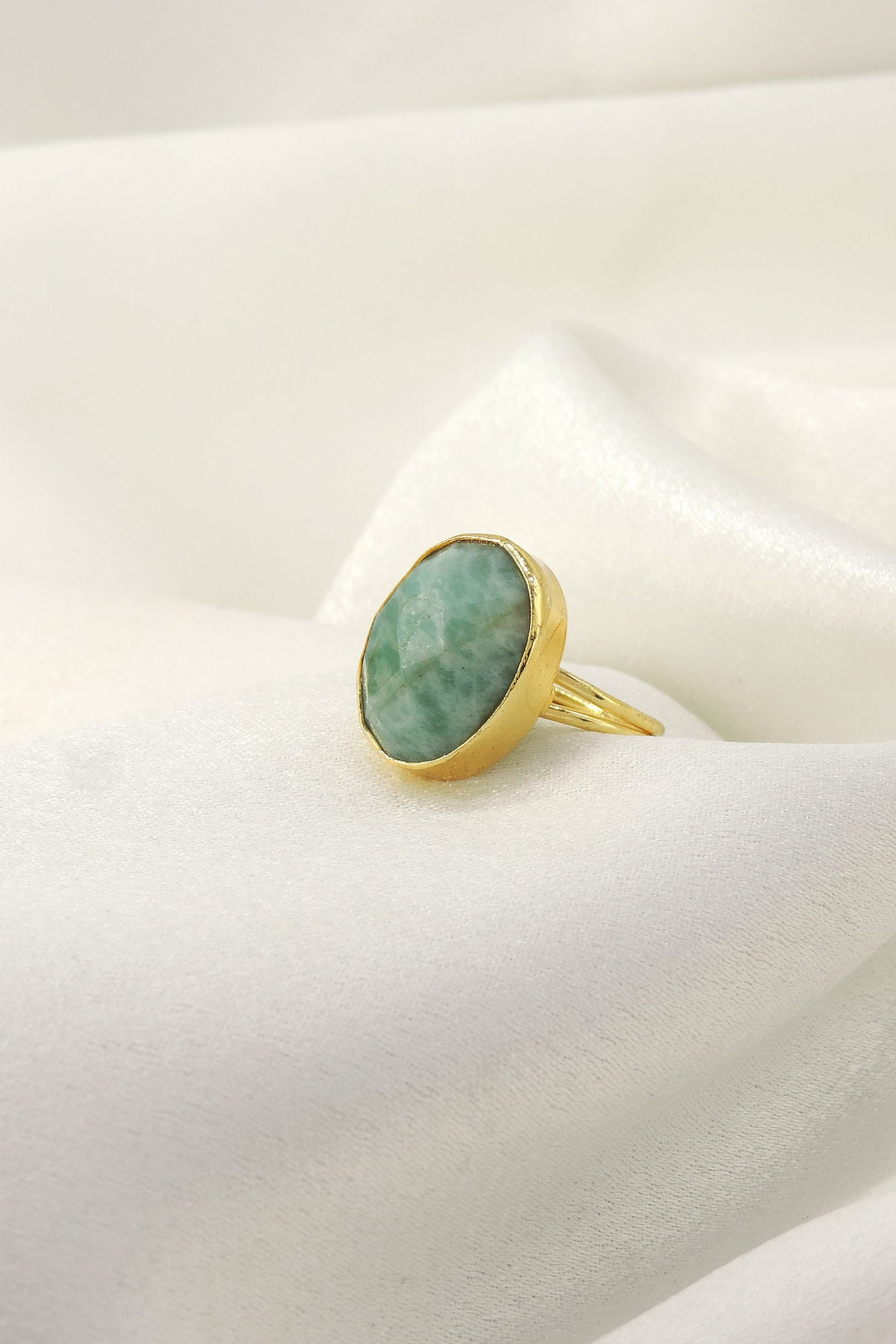 Prehnite Statement Ring | Gold Plated Natural Stone Adjustable Ring