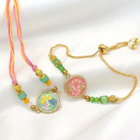 Enamel floral disc bhaiya bhabhi rakhi set with colorful beads by Joyrias
