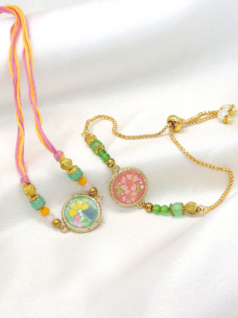 Enamel floral disc bhaiya bhabhi rakhi set with colorful beads by Joyrias
