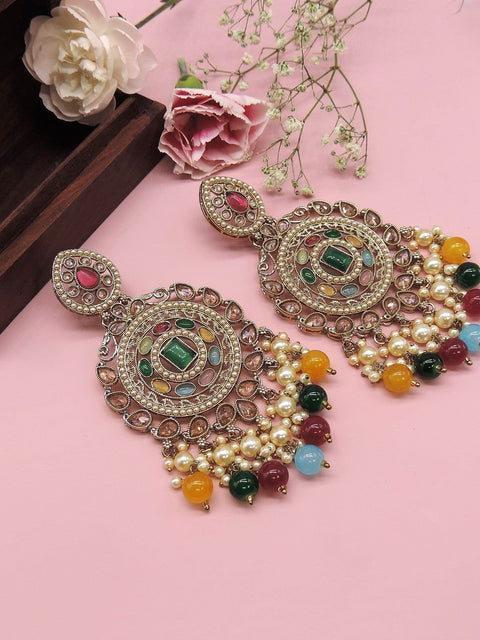 Antique gold plated multicolor Kundan chandbali earrings with pearls – Indian festive earrings USA – Joyrias