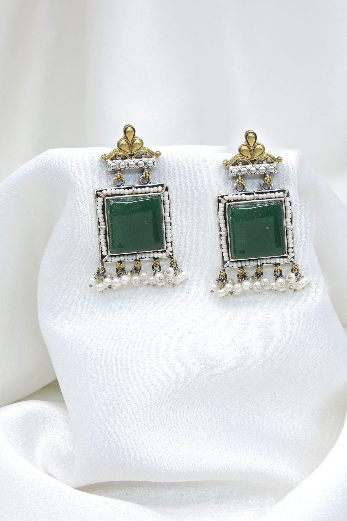 Oxidized Dual-Tone Black Square Pearl Drop Earrings
