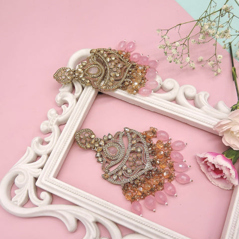 Antique Gold-Plated Pastel Pink & Peach Kundan Chandelier Earrings Image 0