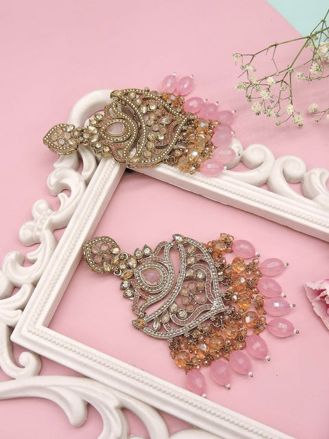 Antique gold plated pastel pink and peach Kundan chandelier earrings – Indian jewelry USA – Joyrias