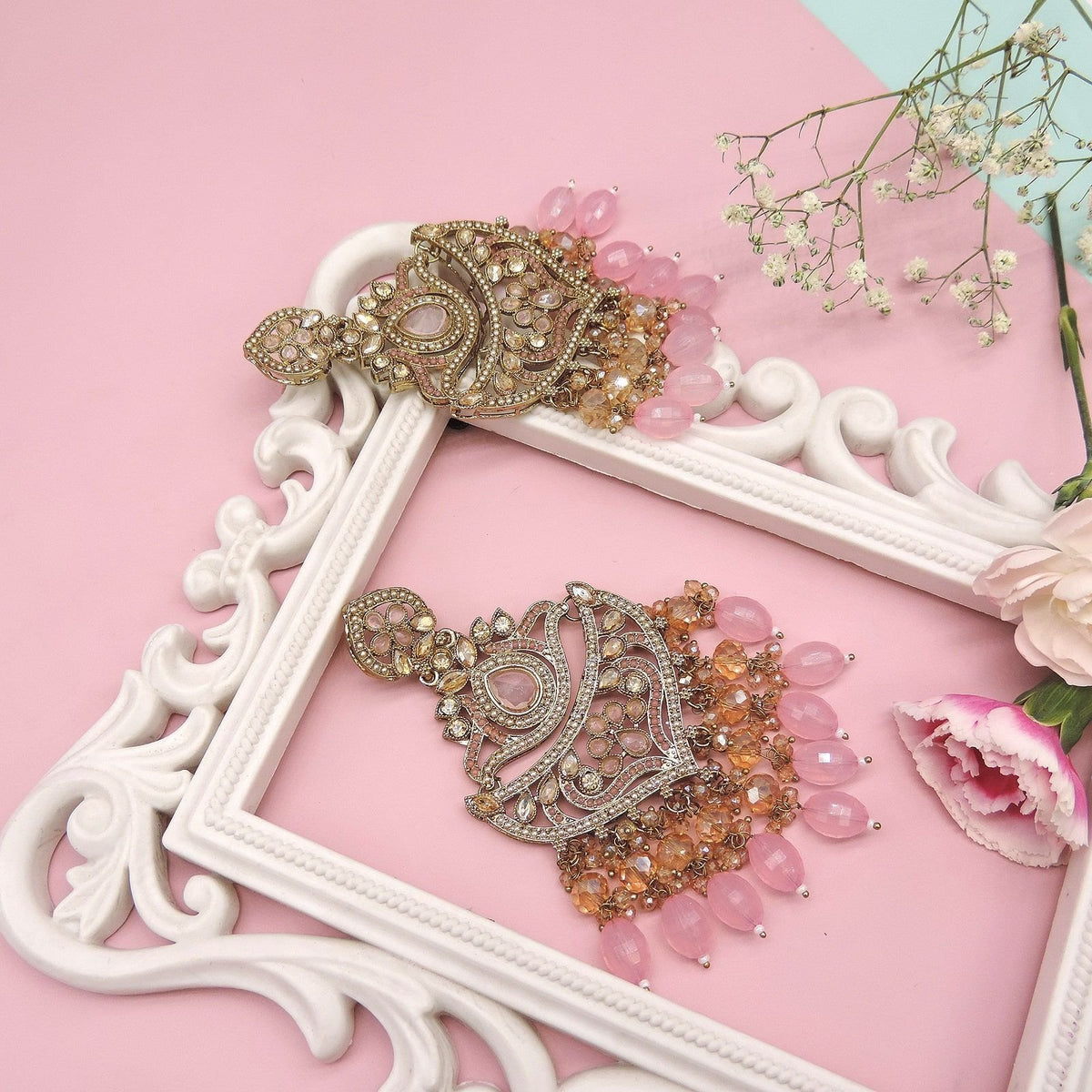 Antique Gold-Plated Pastel Pink & Peach Kundan Chandelier Earrings Image 0