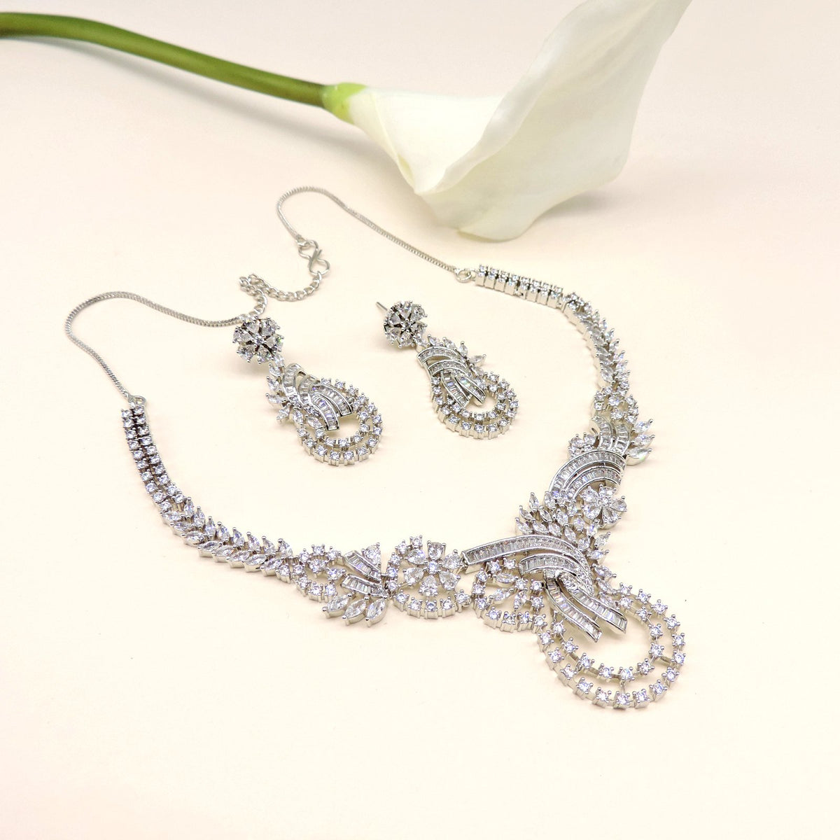 Silver plated with AD necklace set – Indian silver American diamond necklace USA – Joyrias