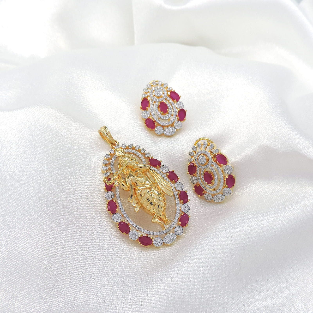 Elegant Lord Krishna AD Pendant Set with Ruby Stones