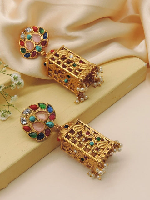 Gold plated multi stone temple jhumka earrings – South Indian temple jewelry USA – Joyrias