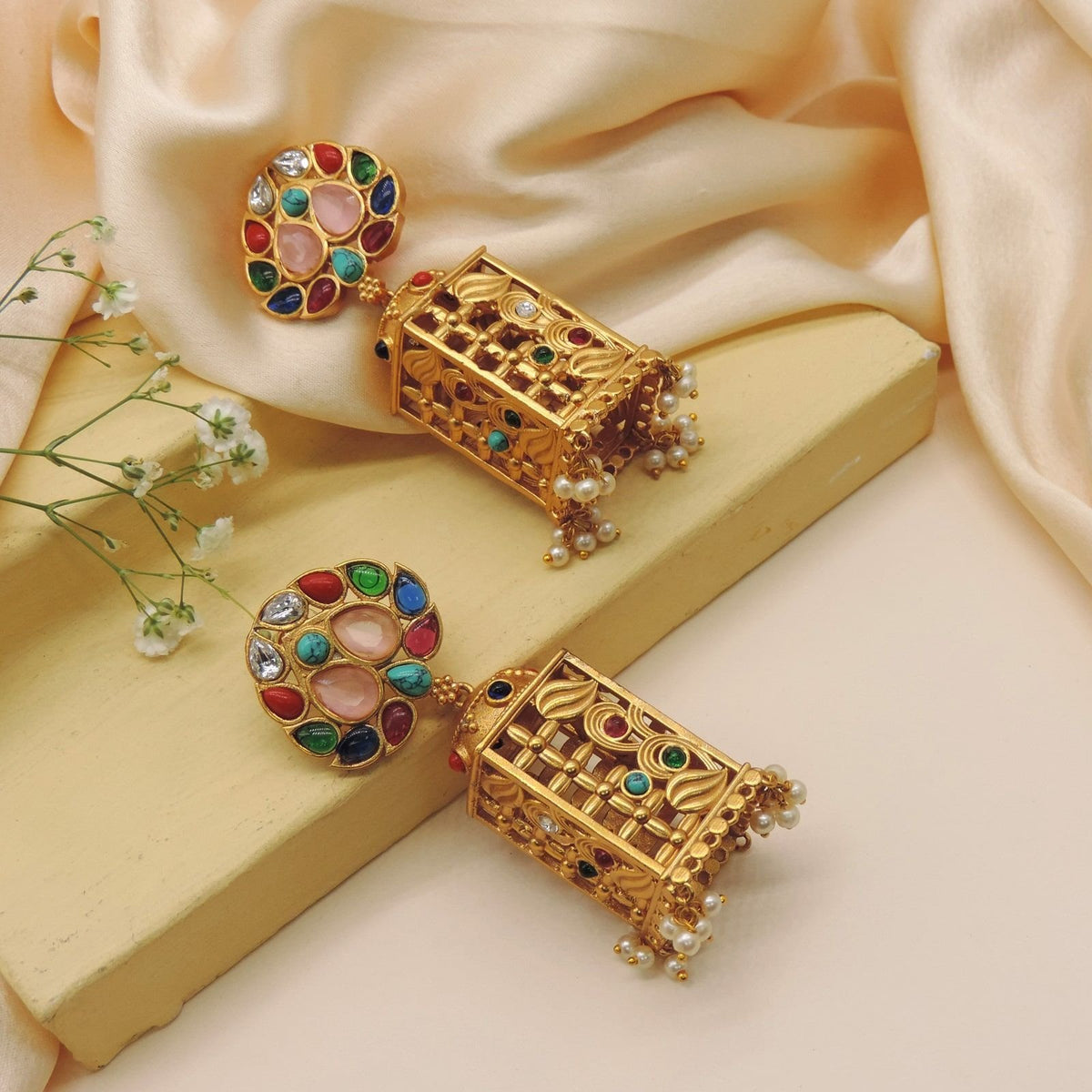 Gold plated multi stone temple jhumka earrings – South Indian temple jewelry USA – Joyrias
