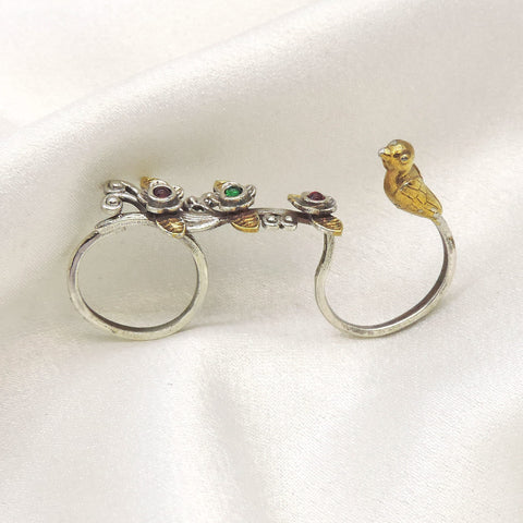 Oxidized bird CZ AD multicolor ring with floral detailing and adjustable design from joyrias