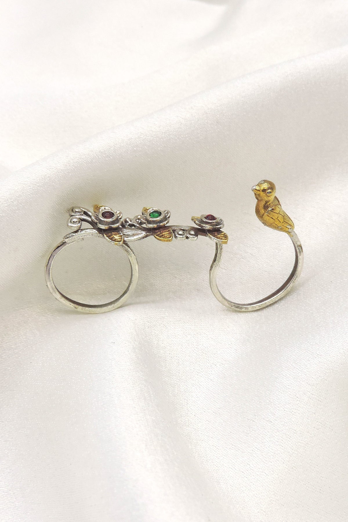 Oxidized bird CZ AD multicolor ring with floral detailing and adjustable design from joyrias