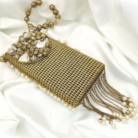 Gold plated beaded evening clutch with pearl fringe and mesh body