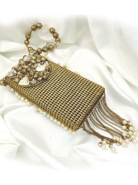 Gold plated beaded evening clutch with pearl fringe and mesh body