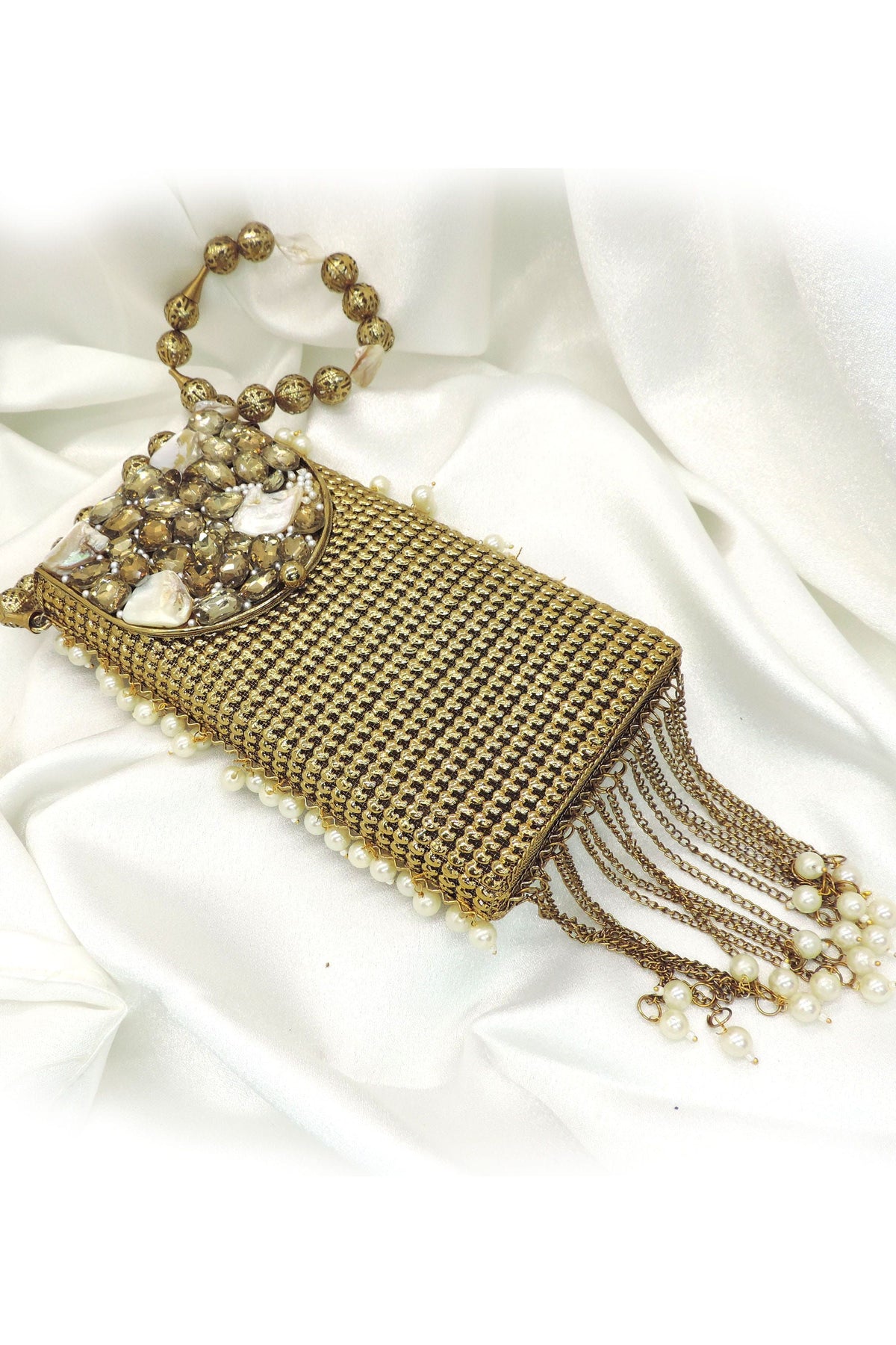 Gold plated beaded evening clutch with pearl fringe and mesh body