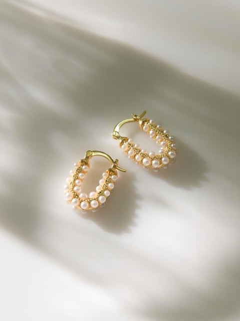 Heart shaped pearl hoop earrings worn – Indian pearl earrings for festive occasions – Joyrias