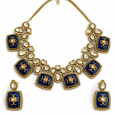 Royal Blue Moissanite Polki Statement Necklace Set – Gold Plated