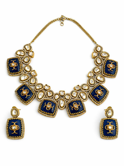 Royal Blue Moissanite Polki Statement Necklace Set – Gold Plated