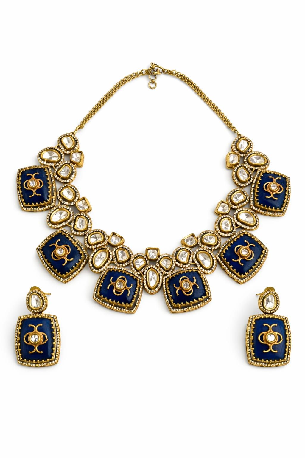 Royal Blue Moissanite Polki Statement Necklace Set – Gold Plated