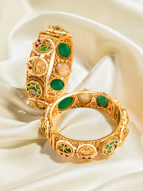 Royal Green Gemstone Antique Gold Bangles