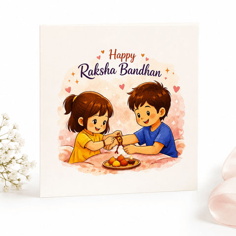 Happy Raksha Bandhan greeting card featuring an illustration of a sister tying rakhi to her brother, ideal for festive gifting and personalized messages.