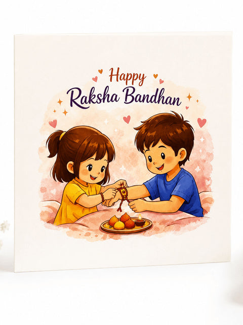 Happy Raksha Bandhan greeting card featuring an illustration of a sister tying rakhi to her brother, ideal for festive gifting and personalized messages.
