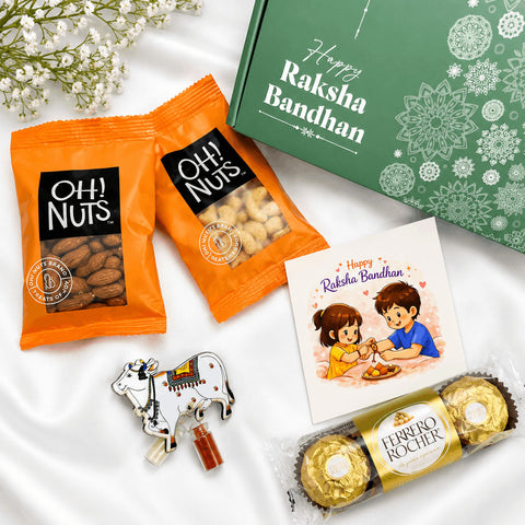 Premium Raksha Bandhan gift hamper featuringFerrero Rocher chocolates, dry fruits, greeting card, roli chawal set, and festive gift box.