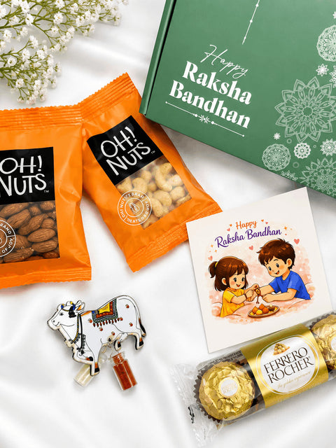 Premium Raksha Bandhan gift hamper featuringFerrero Rocher chocolates, dry fruits, greeting card, roli chawal set, and festive gift box.