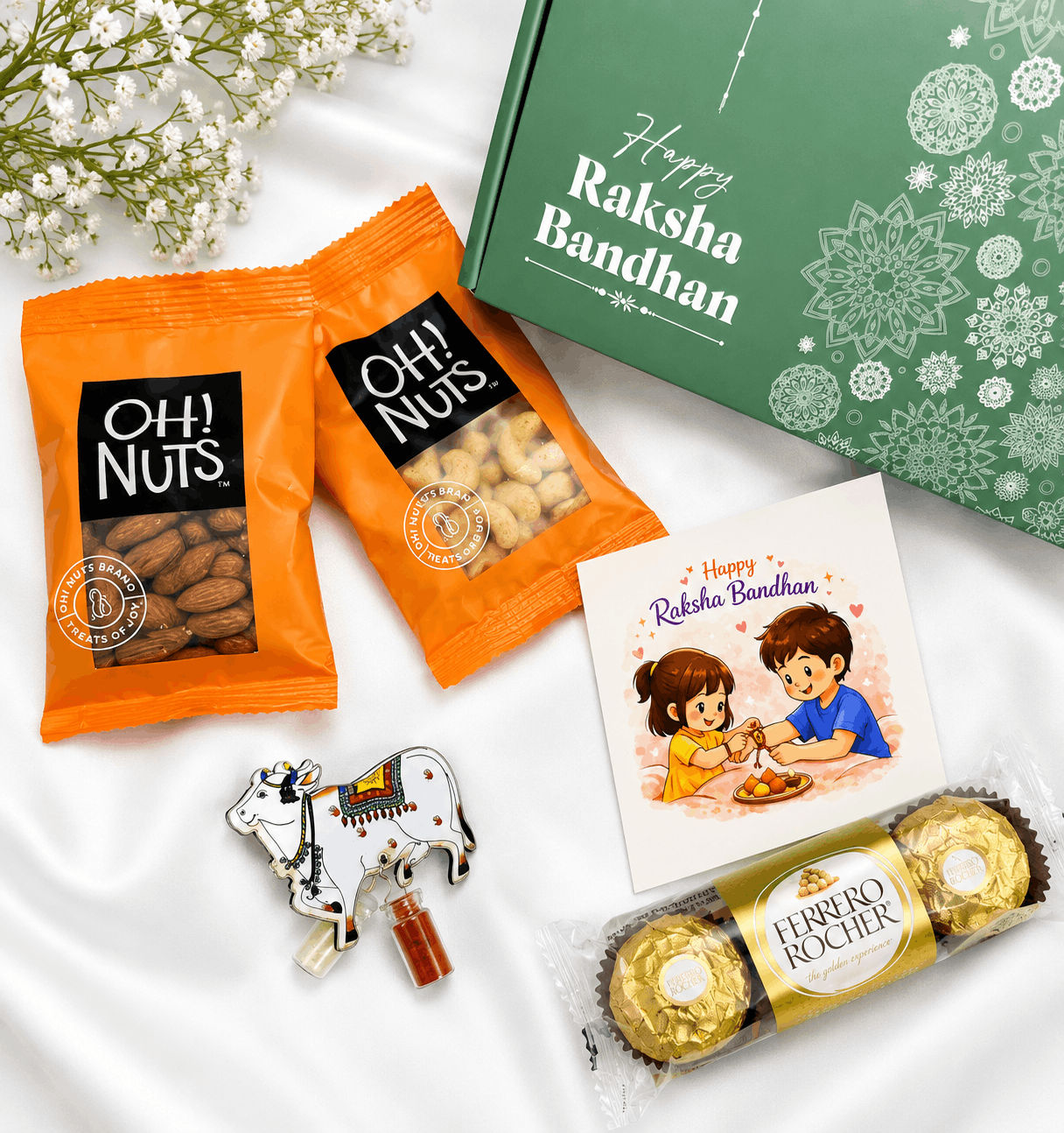 Premium Raksha Bandhan gift hamper featuringFerrero Rocher chocolates, dry fruits, greeting card, roli chawal set, and festive gift box.