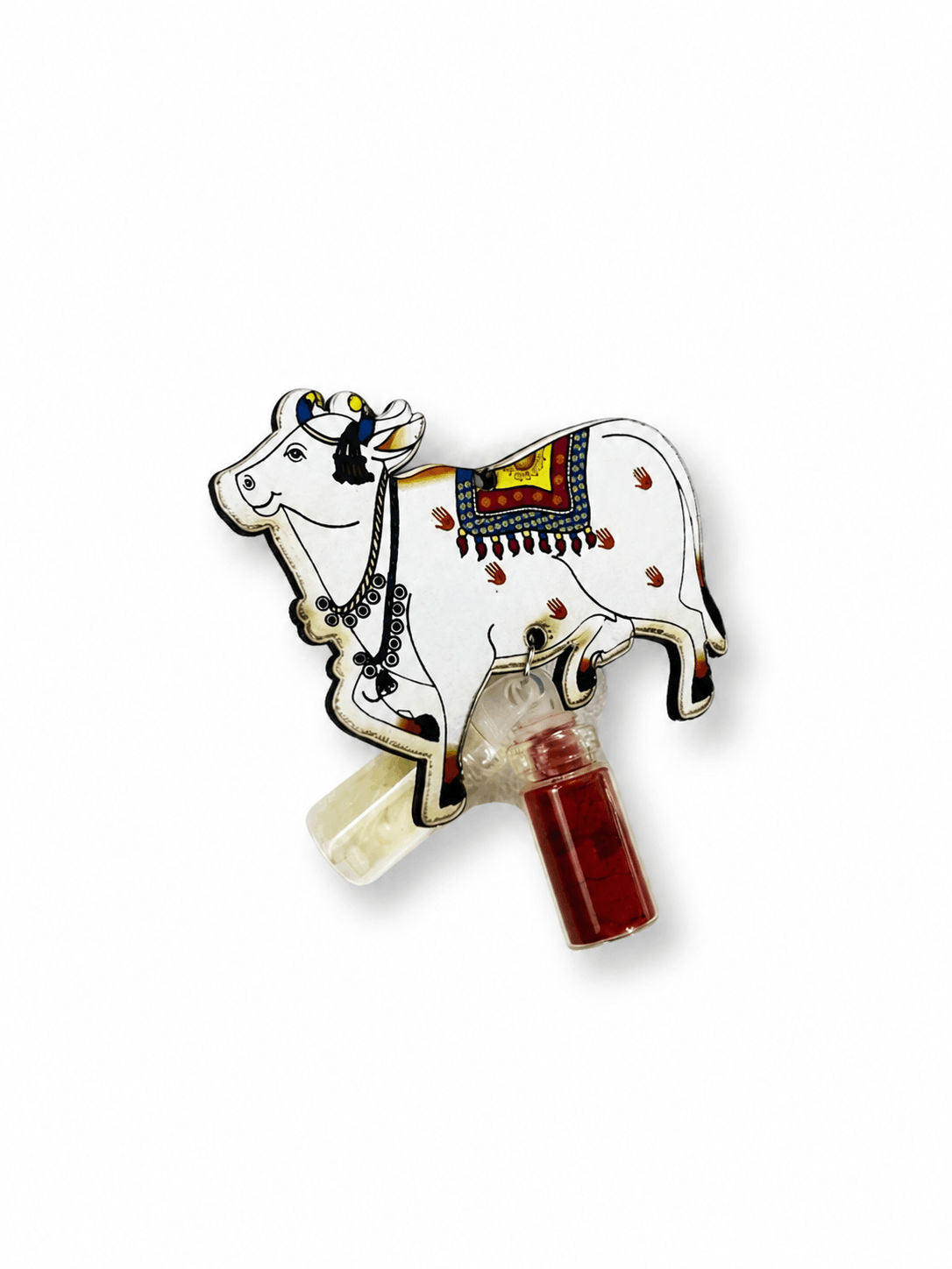 Traditional Kamdhenu Cow with included roli and chawal set for Raksha Bandhan celebrations. Perfect symbolic rakhi representing prosperity, blessings, and protection.