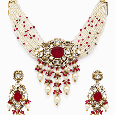 Ruby Pearl Kundan Moissanite Necklace Set