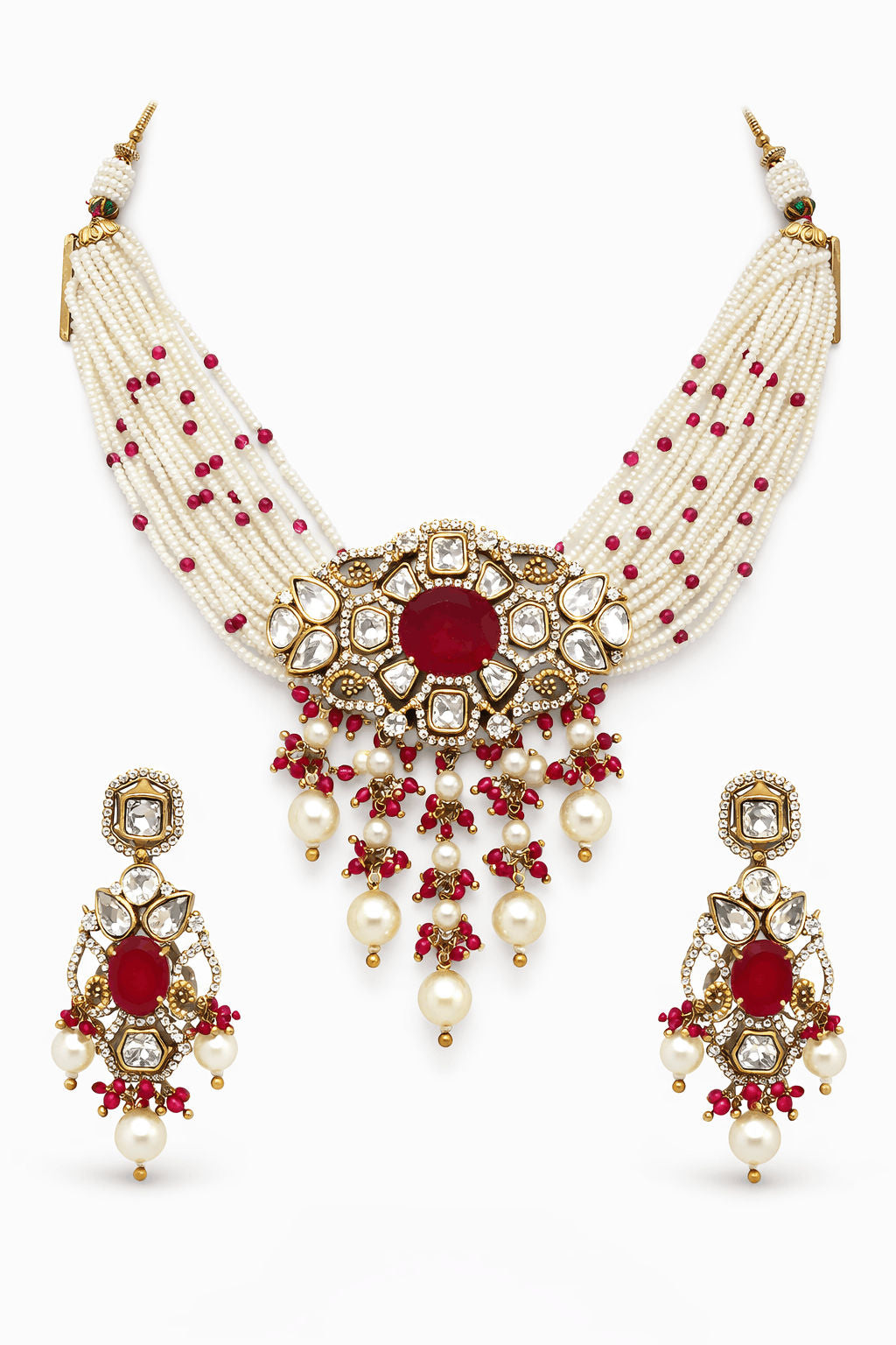 Ruby Pearl Kundan Moissanite Necklace Set