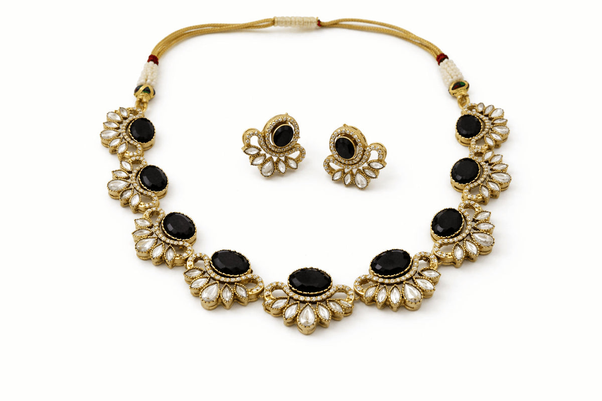 Black Onyx Floral Statement Necklace Set | Joyrias